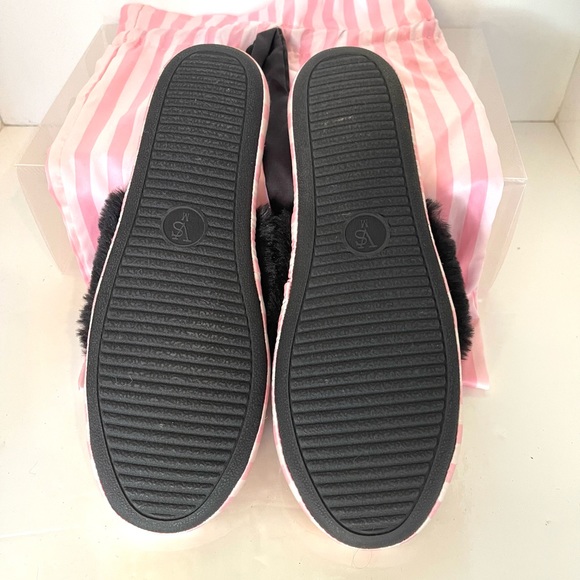 BUNDLE ME! Victoria Secret Satin Pink Striped Slippers with Black Faux Fur Trim - Picture 7 of 7